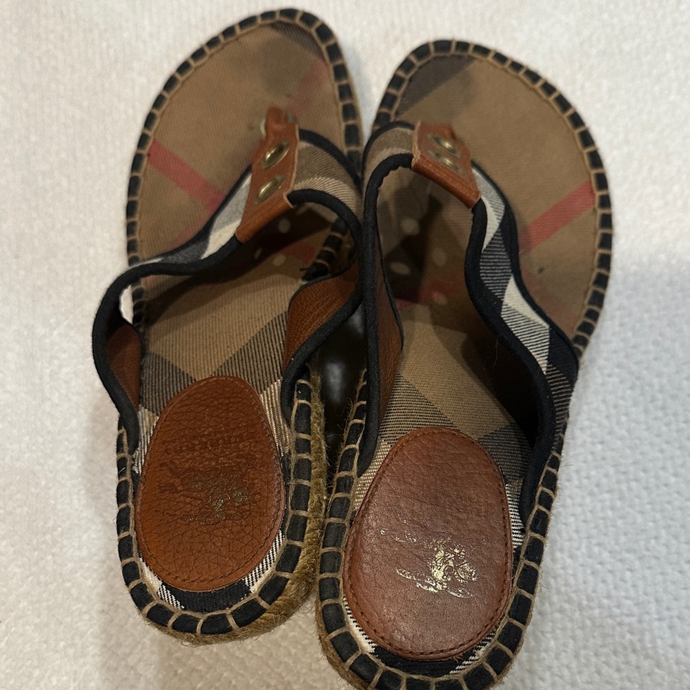 Burberry Brown Tan Plaid Espadrille Wedge Sandals